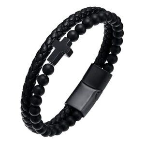 Mens Cross Bead Braided Genuine Leather Bracelet, Black Gemstone Agate Onyx